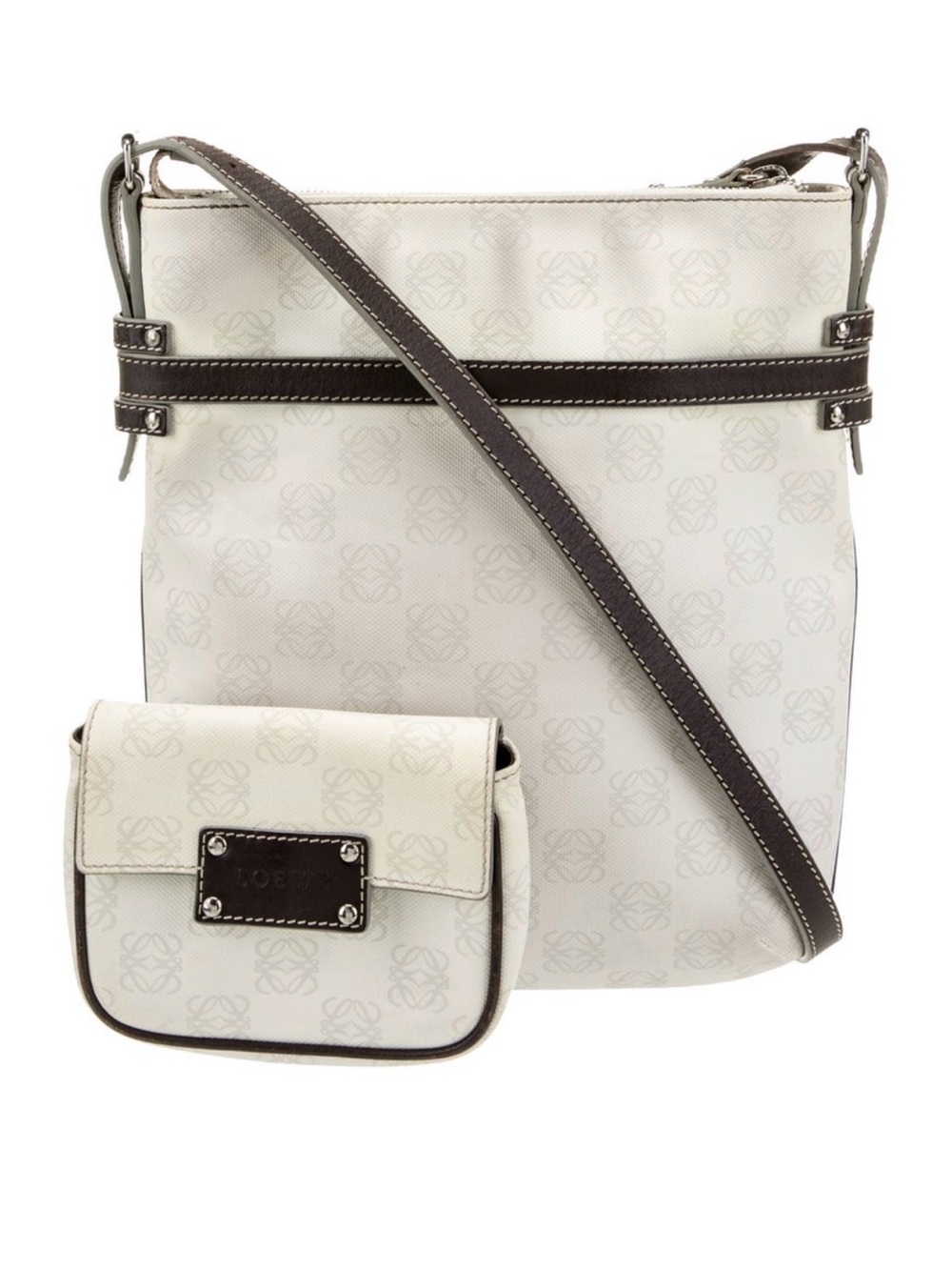 Loewe Cream Crossbody Bag with Dark Brown Trim and Matching Pouch